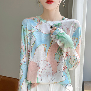 Water Soluble Printed Crewneck Long-sleeved Base Shirt Women's Art Ink Painting Tencel Lyocell Air Conditioning Sunscreen Shirt Thin Blouse