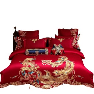 Chinese Style Dragon and Phoenix Wedding Bedding Four-Piece Set 100 Pure Cotton Wedding Quilt Big Red Long-staple Cotton Quilt Cover