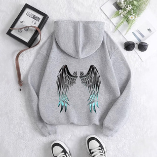 Rose wings printed hoodie, drawstring casual hoodie, suitable for autumn and winter wear, women's clothing
