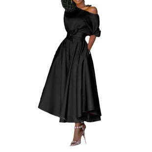 2024 New Spring and Summer European and American Foreign Trade Women's Amazon One-shoulder Lace-up Waist Slim-fit Mid-length Dress