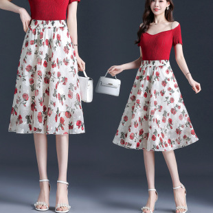 Skirt 2025 New Summer Floral Skirt Mid-Length Women's High-Waisted Large Hem Printed A-Line Slim Chiffon Mid-Skirt