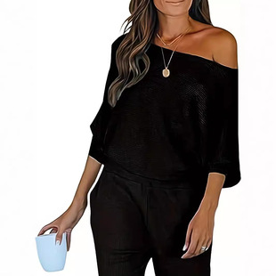 Cross-border Amazon New Hollow Lantern Sleeve Top European and American Shoulder T-shirt