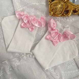 hotmoon Korean designer elegant satin wooden ear bow Princess socks mid-tube children's socks baby socks