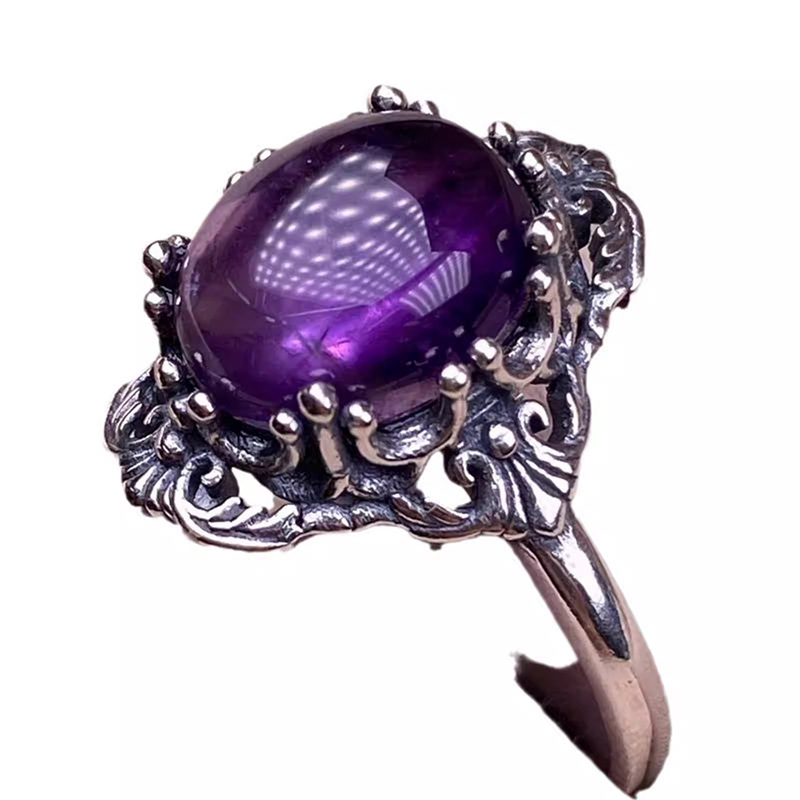 Rainy Sky Inlaid Amethyst Ring Retro Old Nepalese Lace Men and Women Same Style Colored Gemstone Crystal Factory Direct Sale