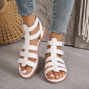 Foreign Trade Casual Roman Sandals Women's 2024 New Solid Color Simple Flat Bottom Thin Buckle Hollow Fishmouth Shoes Cross-border