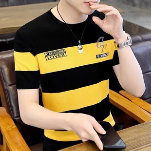 Ice Silk Men's Short-sleeved T-shirt Summer Fashion Striped Half-sleeved Casual Handsome All-match Top Men's T