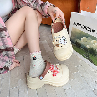 Hole Shoes Women's Height Increasing Thick Bottom Fashionable Bow Pop Accessories Comfortable Wear-resistant Waterproof Solid Color Big Head Sandals