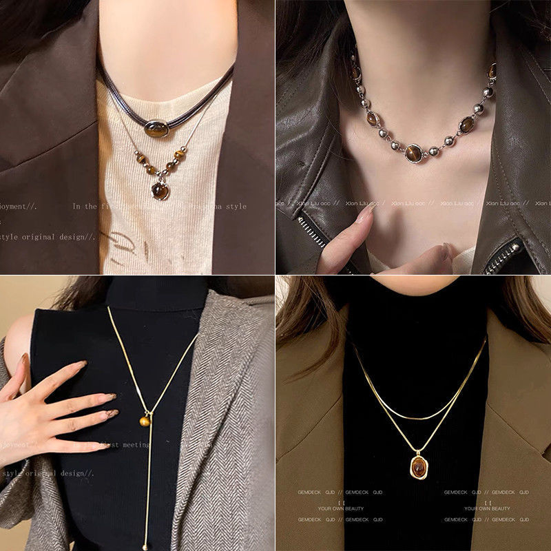 Maillard Tiger Eye Stone Tassel Necklace Women's Autumn and Winter Retro High-End Fashion Sweatshirt Chain Niche Design Sweater Chain
