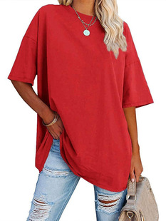 Pure Cotton Cross-border Trade European and American Fashion Loose Casual Short-sleeved T-shirt Women's Summer Amazon Solid Color Round Neck Top