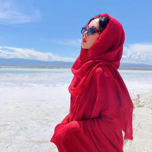 Qinghai Chaka Salt Lake Travel Photograph Big Red Cotton and Linen Scarf Women's Desert Sunscreen Shawl Seaside Travel Scarf