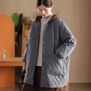 Winter Clothing New Japanese Mori Girl Style Vintage Diamond Hooded Thickened Warm Cotton-padded Coat Cotton-padded Jacket Top Women's Clothing