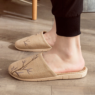 Linen Slippers Women's Summer Men's Couple Home Embroidered Non-slip Soft Bottom Indoor Household Cotton and Linen Floor Slippers