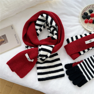 Striped Knitted Scarf Women's Autumn and Winter Korean-style Thickened Warm Ins Korean-style Fashionable Scarf Gloves for Students