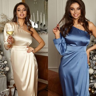GY2201 European and American Christmas party temperament socialite slanted shoulder satin dress