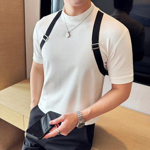 Summer Thin Fashion Design Sense Strap Stitching Round Neck Short-sleeved T-shirt Men's Ribbon Contrast Color Half-sleeved T-shirt T2547