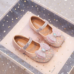 Girls Crystal Small Leather Shoes 2025 Summer Little Girl Cute Bow Star Sequin Princess Shoes Performance Shoes