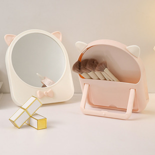 Round Desktop Makeup Mirror Bowknot Storage Mirror Wall Mounted Desktop Student Dressing Mirror Small Gift Portable Mirror