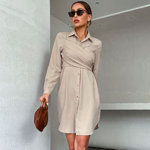 Amazon Independent Station Foreign Trade Cross-border Early Autumn Women's Shirt Dress Lapel Solid Color French Long Sleeve Shirt Dress