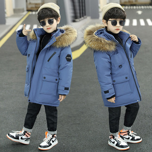 Boys' Down Cotton-padded Jacket Winter 2024 New Style Mid-length Wool Collar Cotton-padded Jacket for Children