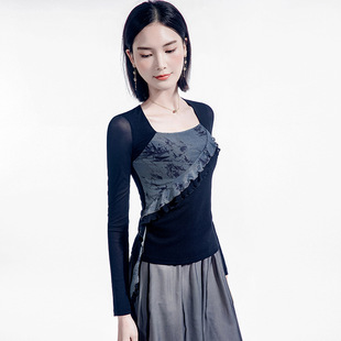 Square Collar Printing Stitching Ear Edge Dancing Top Women's 2025 Spring New Style Mesh Women's Design Sense Shirt