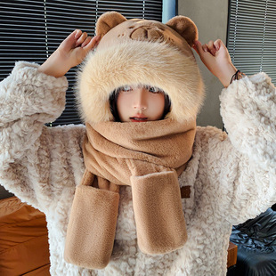 Cute Internet Celebrity Panda Hat and Scarf Women's Autumn and Winter Cycling Windproof Warm Plush Neck Hood Three-piece Set