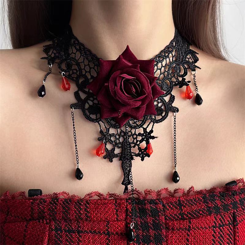Diablo Halloween Lace Rose Necklace Niche Design Tassel Choker Necklace Sweet Cool Fashion Necklace