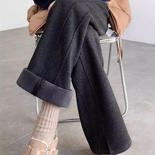 plus size fat mm300 kg fleece-lined padded wide leg pants women's autumn and winter woolen straight tube narrow banana pants