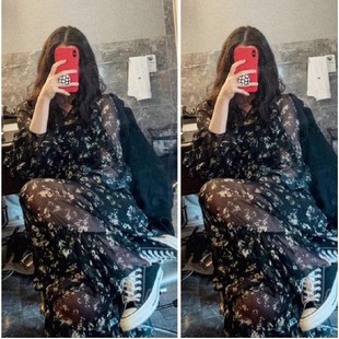 [in stock] Ouyang Nana with floral chiffon dress new base dress waist slimming temperament women