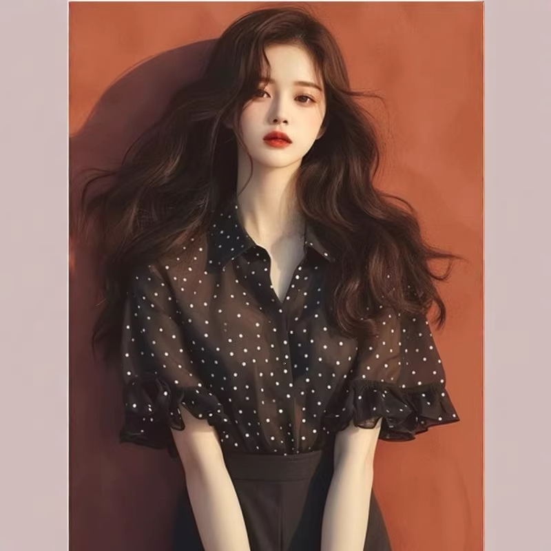 Black Polka Dot Ruffled Chiffon Short-Sleeved Shirt for Women, Summer 2026 New Style, French High-End Style Top