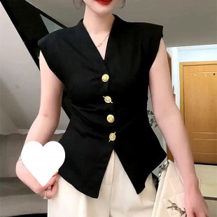 French-Style Vintage High-End Women's Suit Vest European Summer Fashion Collar Slim Waist Heavy Button Sleeveless Top
