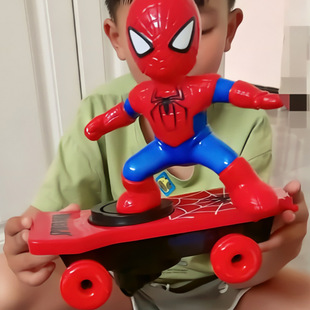 TikTok Explosions Large Spider-Man Rotating and Rolling up Sound and Light Scooter Stunt Ultraman Children's Toy