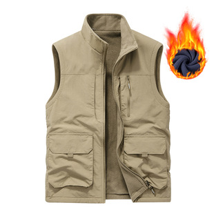 Four Seasons middle-aged and elderly men's vest thin dad sleeveless stand collar multi-pocket quick-drying vest cross-border plus size waistcoat