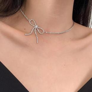 French Style Smart Diamond Bow Tassel Clavicle Chain Women's Super Fairy Girly Sweet Necklace Instagram Style Neck Chain