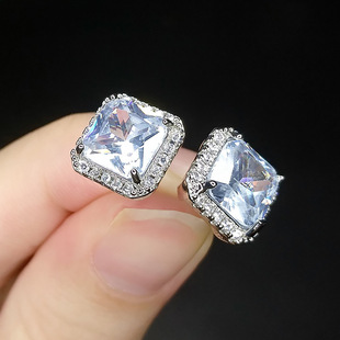 European and American style high-end luxury princess cut ice blue transparent green tourmaline earrings simple palaiba square inlaid earrings