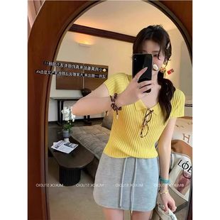 French Age-reducing Lapel Short-sleeved Knitted Women's 2025 Summer Thin Small Slim-fit Slimming All-match Short Top