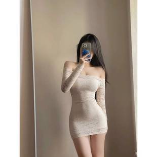 Pure Desire Wind off-shoulder dress Women's Early Spring Waist Hot Girl A- line Hip Skirt Lace Crochet Long-sleeved Skirt