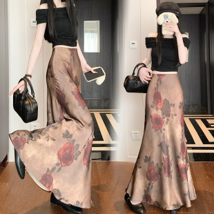 Spring and Summer 2025 New Satin Printed Flower Skirt Mid-length Skirt Girl's Korean-style Slim Look