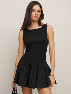Y24DS283 European and American Women's Summer Amazon New Solid Color Round Neck Sleeveless Sexy Stitching Short dress Women