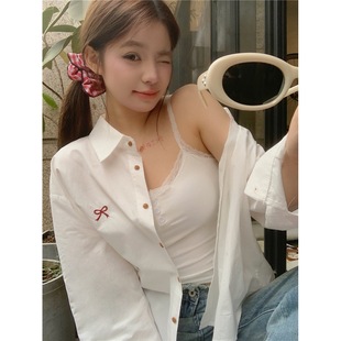 Bow Embroidered Shirt Women's Jelly Color Giant Wear Spring and Autumn Simple Loose Commuter Shirt Small Jacket