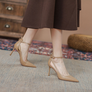 Spring and summer 2025 new style single-layer shoes low-vit women's shoes khaki pointed stiletto heel high heels with buckle