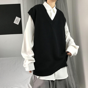 V-Neck Sweater Men's Hong Kong Style Trendy Brand Solid Color All-Match Sleeveless Sweater Autumn New Fashionable Sweater Jacket