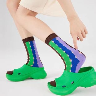 Japanese Style New Catwalk Style Sanya Personalized Vertical Strip Color Block Rainbow Hollow Hole Socks Midi Piled Women's Socks Miyake