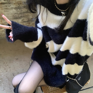 Autumn and Winter New Retro Black and White Stripesd Style Knitwear Women's Loose Inner Pullover Knitwear