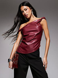 Cross-border Amazon European and American Style 2024 New Women's Leather Slant Shoulder Personality Fashion Irregular Top for Women