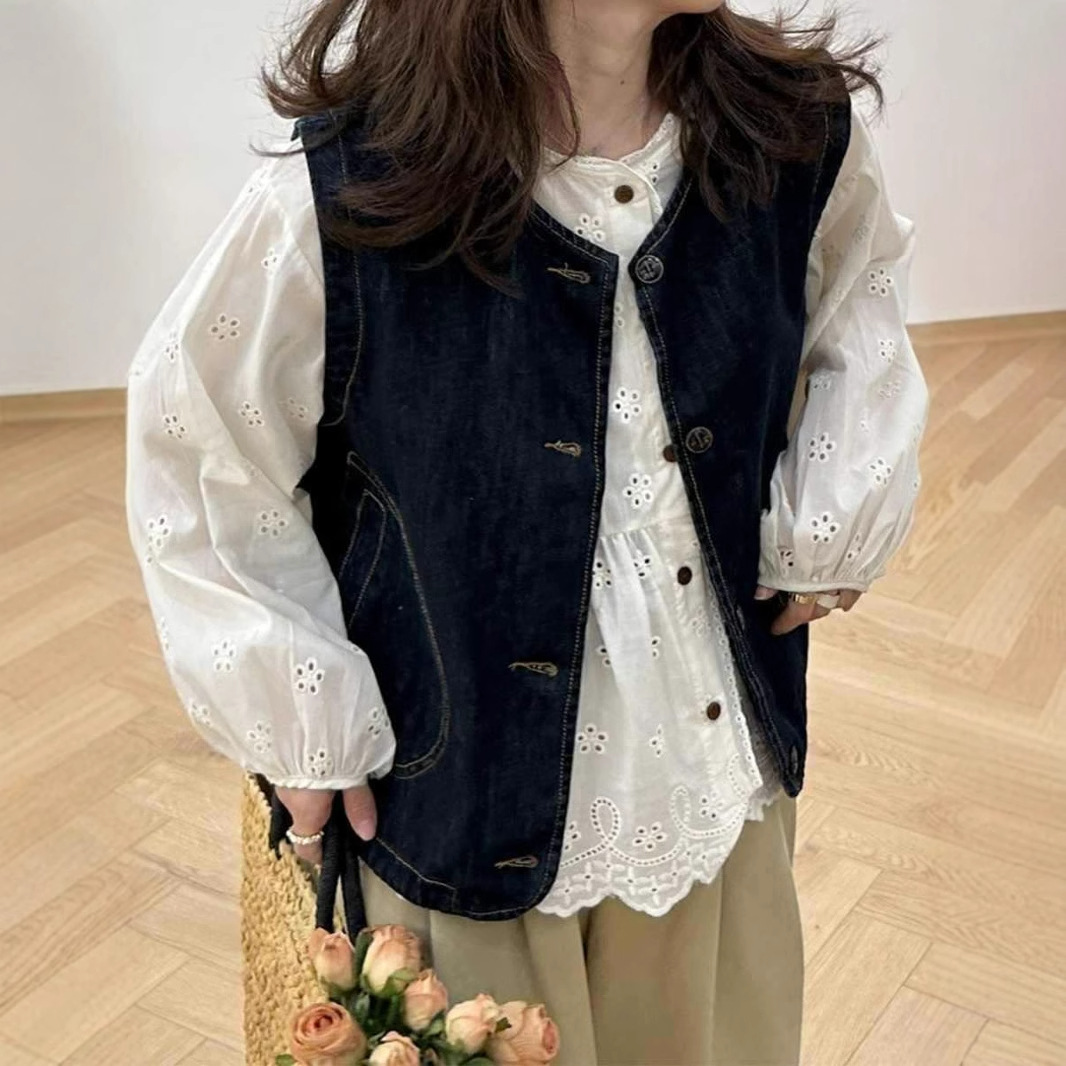 Japanese Style College Style Vintage Denim Vest Women's Early Spring and Autumn New Arrival Dark Stacked Vest for Small Men