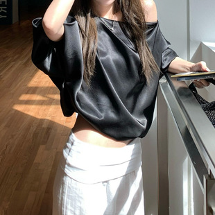 Jin Yi Like Jen*Ie Bubble Satin Design Asymmetrical Shoulder Top for Women Summer New Versatile Niche Blouse