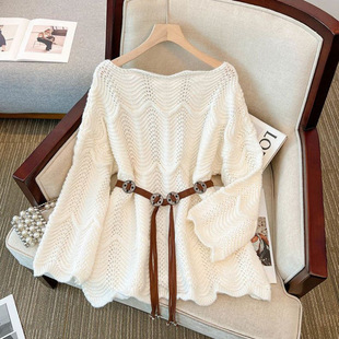 Xiao Xiang style plus size 2024 new women's long sleeve solid color western style age-reducing belt waist slimming knitted sweater
