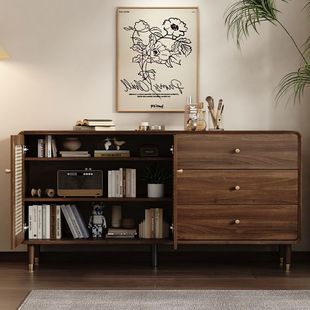Living Room Storage Cabinet Bucket Cabinet Small Cabinet Vintage Imitation Rattan Door Leaf Solid Wood Leg Storage Cabinet Bedroom Wall Drawer Cabinet