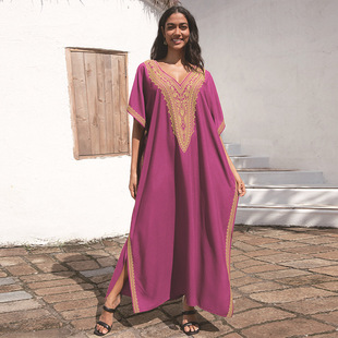 European and American New Arrival Cotton Embroidered plus size Beach Long Dress Women's Sunscreen Shirt Holiday Loose dress Bikini Blouse