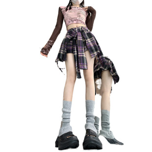 American Style Trendy Cool Style Hip-Hop Irregular Plaid Skirt Women's Summer Hot Girl Culottes Short Skirt